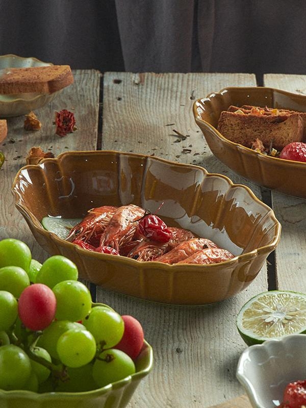 Tavă de copt japoneză în stil retro, porțelan oval 24 cm, pentru uz casnic; fructe, deserturi, grătar, orez copt