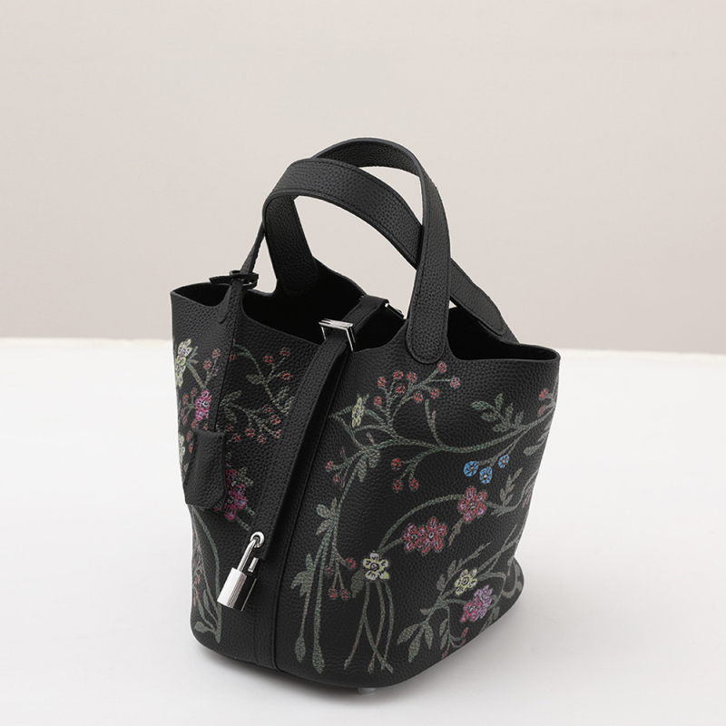Ženska bucket torba s floralnim printom od prave kože od prvog sloja goveđe kože