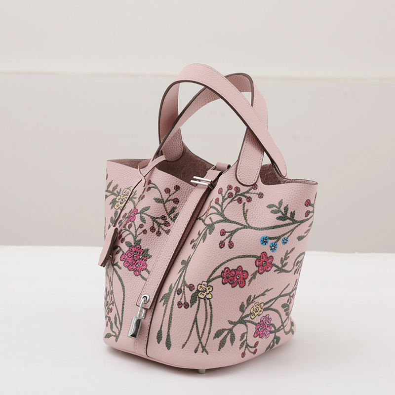 Ženska bucket torba s floralnim printom od prave kože od prvog sloja goveđe kože