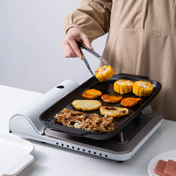 Tigaie ceramică grill pentru carne, cu două mânere, formă dreptunghiulară, potrivită pentru foc deschis și cuptor, tigă pentru pește