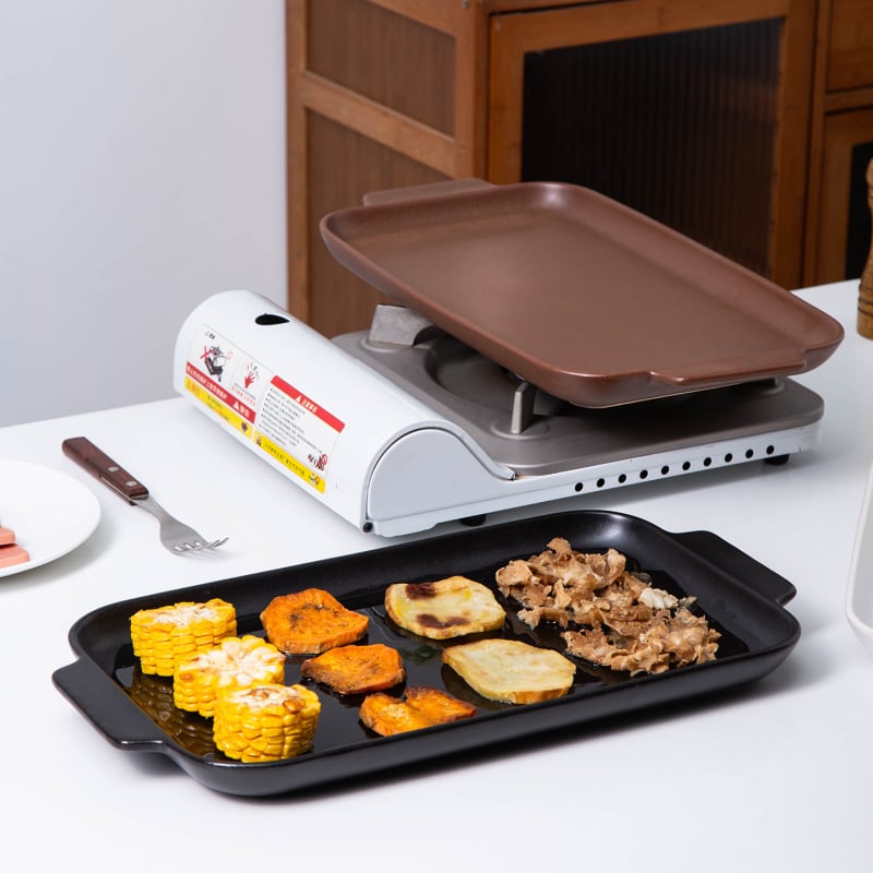 Tigaie ceramică grill pentru carne, cu două mânere, formă dreptunghiulară, potrivită pentru foc deschis și cuptor, tigă pentru pește