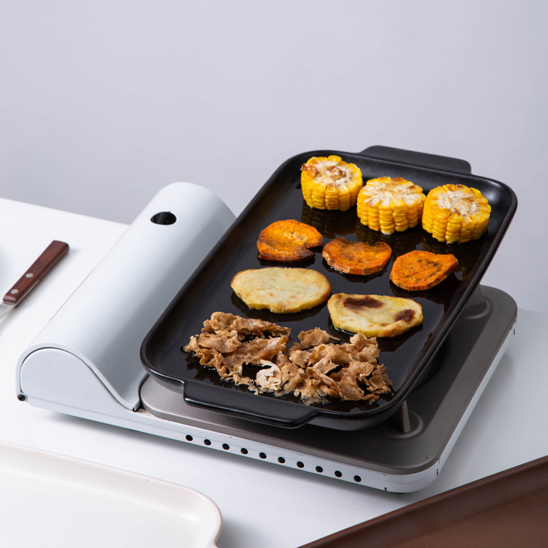 Tigaie ceramică grill pentru carne, cu două mânere, formă dreptunghiulară, potrivită pentru foc deschis și cuptor, tigă pentru pește