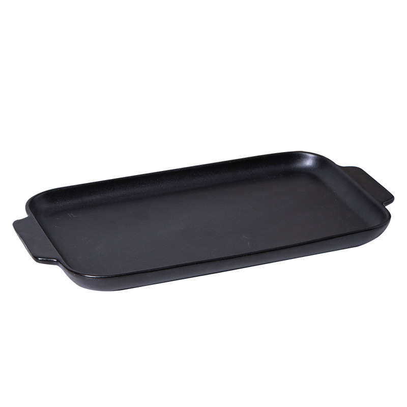 Tigaie ceramică grill pentru carne, cu două mânere, formă dreptunghiulară, potrivită pentru foc deschis și cuptor, tigă pentru pește
