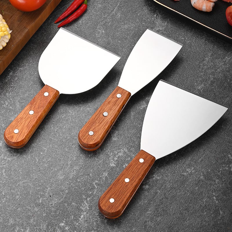 Set de ustensile de bucătărie din oțel inoxidabil cu mâner din lemn pentru Teppanyaki, spatulă pentru clătite și spatulă pentru grătar
