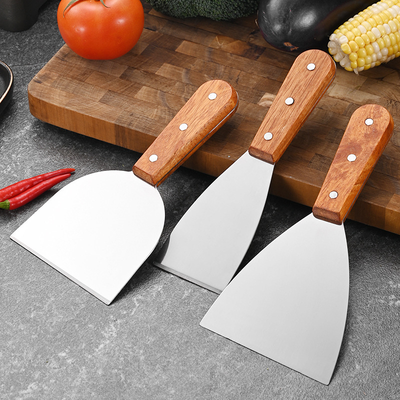Set de ustensile de bucătărie din oțel inoxidabil cu mâner din lemn pentru Teppanyaki, spatulă pentru clătite și spatulă pentru grătar