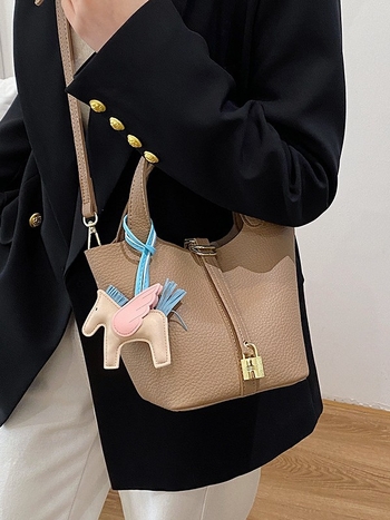 Lujia ženska bucket torba s lychee teksturom, PU koža, mala veličina, jednobojna, naramenica crossbody, proljeće 2026