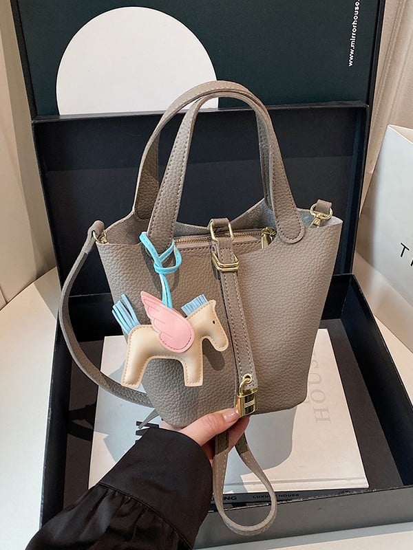 Lujia ženska bucket torba s lychee teksturom, PU koža, mala veličina, jednobojna, naramenica crossbody, proljeće 2026