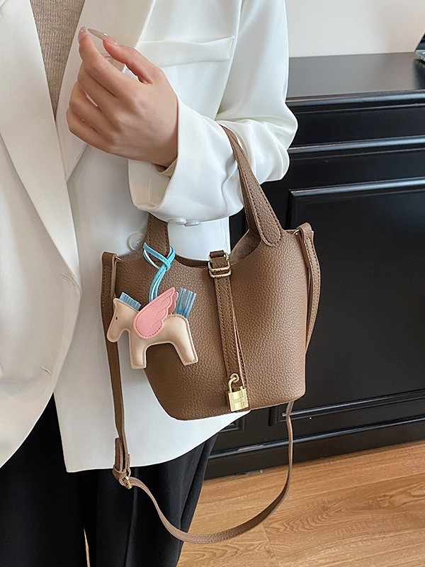 Lujia ženska bucket torba s lychee teksturom, PU koža, mala veličina, jednobojna, naramenica crossbody, proljeće 2026