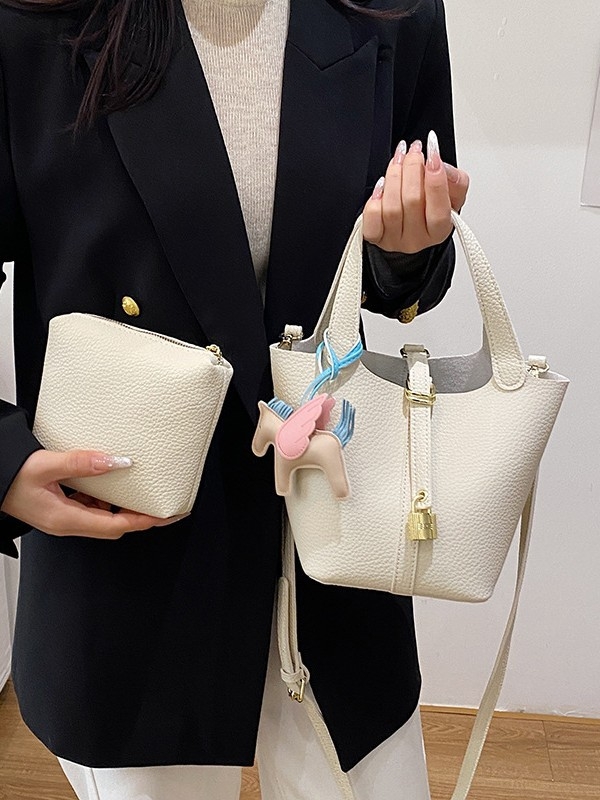 Lujia ženska bucket torba s lychee teksturom, PU koža, mala veličina, jednobojna, naramenica crossbody, proljeće 2026