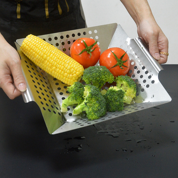 Tavă pătrată perforată din oțel inoxidabil pentru grătar și coș pentru legume, exterior