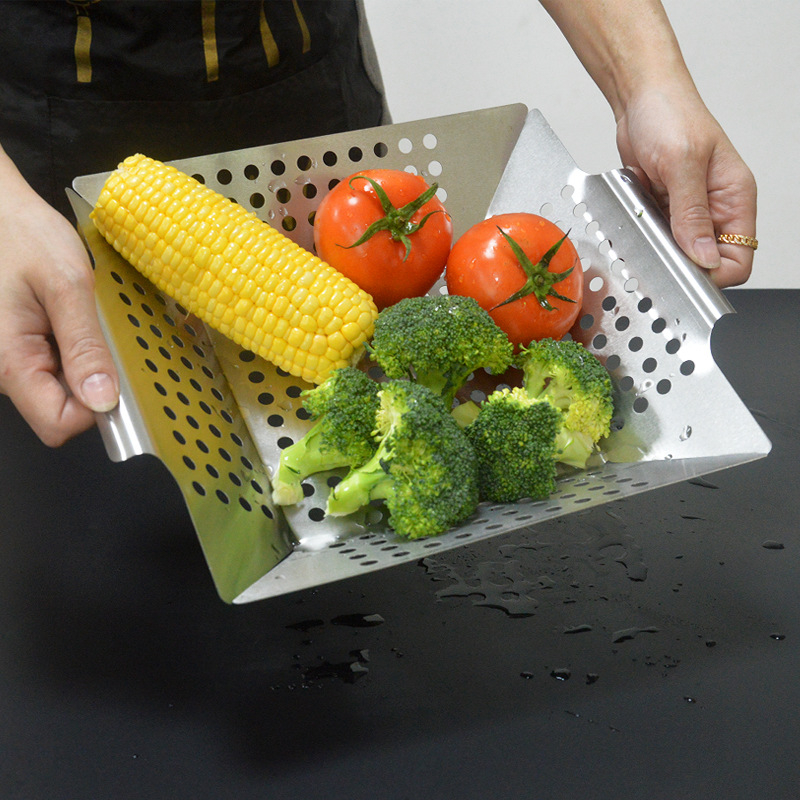 Tavă pătrată perforată din oțel inoxidabil pentru grătar și coș pentru legume, exterior