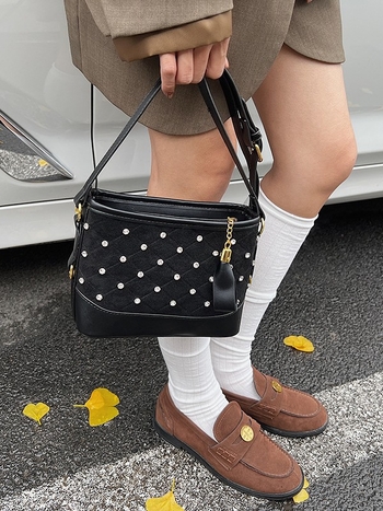 Proljetna 2026. bucket torba s lancem i dijamantnim uzorkom, korejski stil, retro casual preko ramena