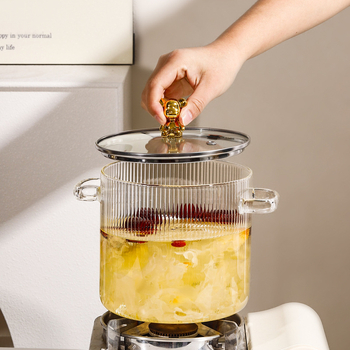 Oală de supă din sticlă borosilicat cu mâner dublu, transparentă, 1,1–2 L, rezistentă la temperaturi, pentru aragaz, potrivită pentru tăiței, supe și tocană cu lapte
