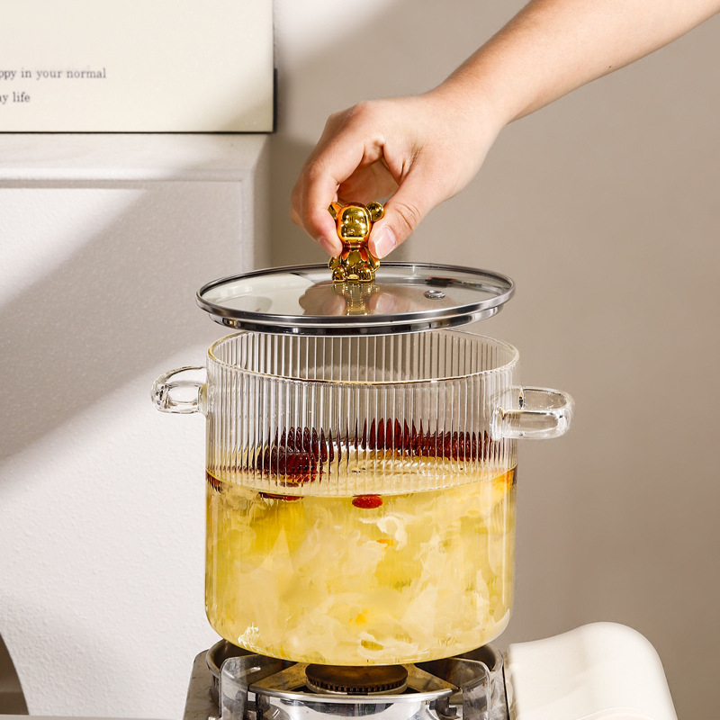 Oală de supă din sticlă borosilicat cu mâner dublu, transparentă, 1,1–2 L, rezistentă la temperaturi, pentru aragaz, potrivită pentru tăiței, supe și tocană cu lapte