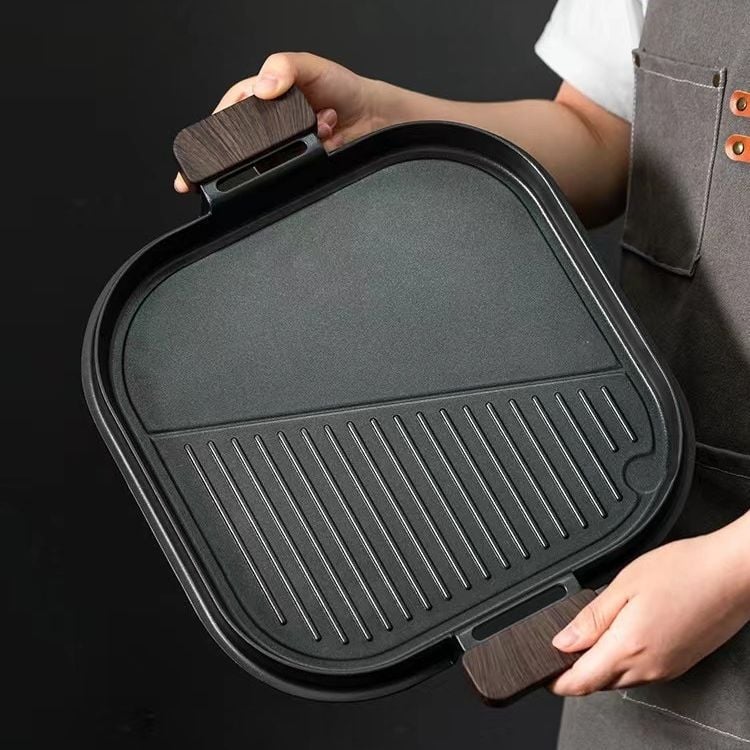 Tigaie grill cu piatră Maifan, antiaderentă, fund plat, pentru camping în aer liber și aragaz pe gaz