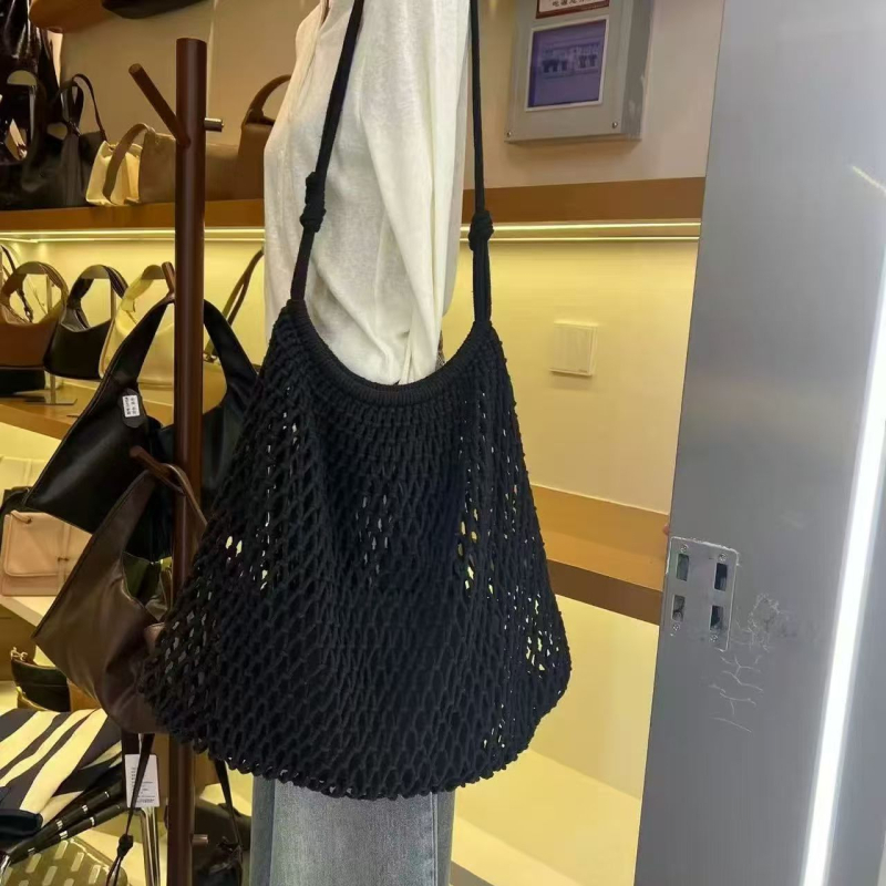 Ručno pletena pamukova mrežasta torba za rame, velika kapaciteta tote, plažni stil za odmor