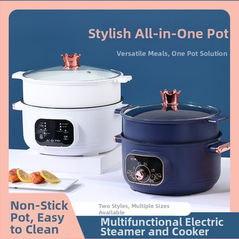 Akihiko oală electrică multifuncțională cu interior ceramic antiaderent, capacitate 3–4 L, 1000 W, funcții: abur, fierbere, prăjire, sotare, hot pot, cu funcție de rezervare, temporizator și afișaj LCD