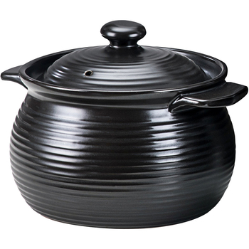 Chaozhou vas de supă cu două mânere și model nervurat, ceramică neagră retro, vas pentru supă și terci, rezistent la flacără deschisă, nu se crapă