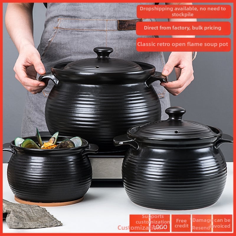 Chaozhou vas de supă cu două mânere și model nervurat, ceramică neagră retro, vas pentru supă și terci, rezistent la flacără deschisă, nu se crapă