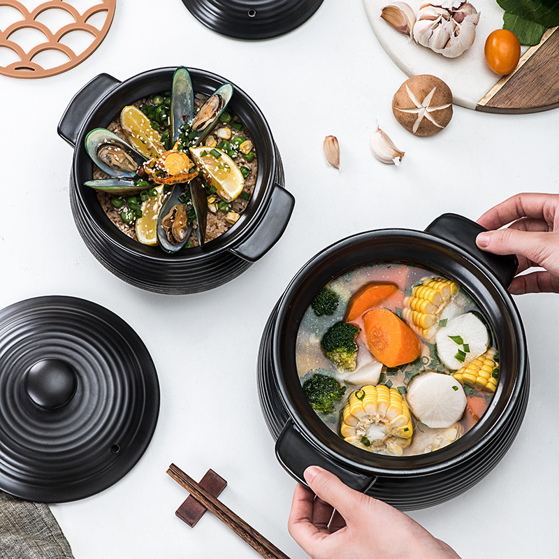 Chaozhou vas de supă cu două mânere și model nervurat, ceramică neagră retro, vas pentru supă și terci, rezistent la flacără deschisă, nu se crapă