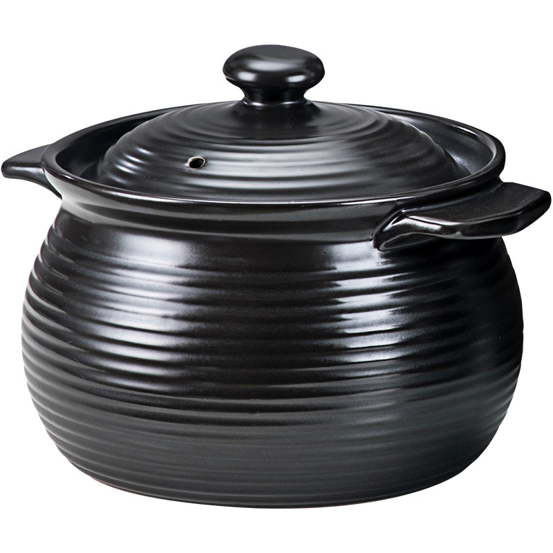 Chaozhou vas de supă cu două mânere și model nervurat, ceramică neagră retro, vas pentru supă și terci, rezistent la flacără deschisă, nu se crapă