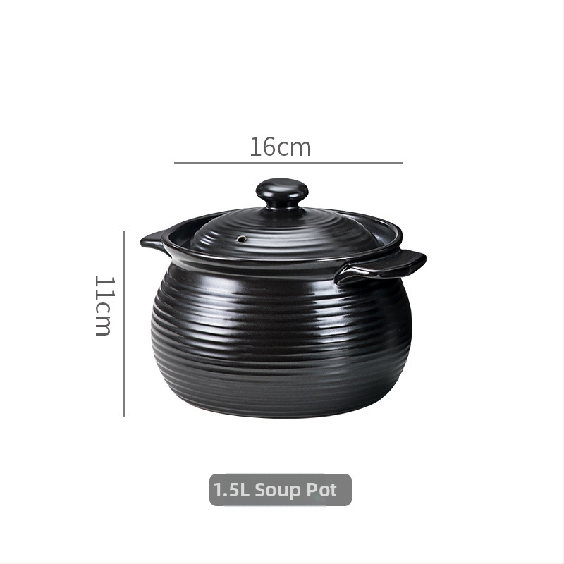 Chaozhou vas de supă cu două mânere și model nervurat, ceramică neagră retro, vas pentru supă și terci, rezistent la flacără deschisă, nu se crapă