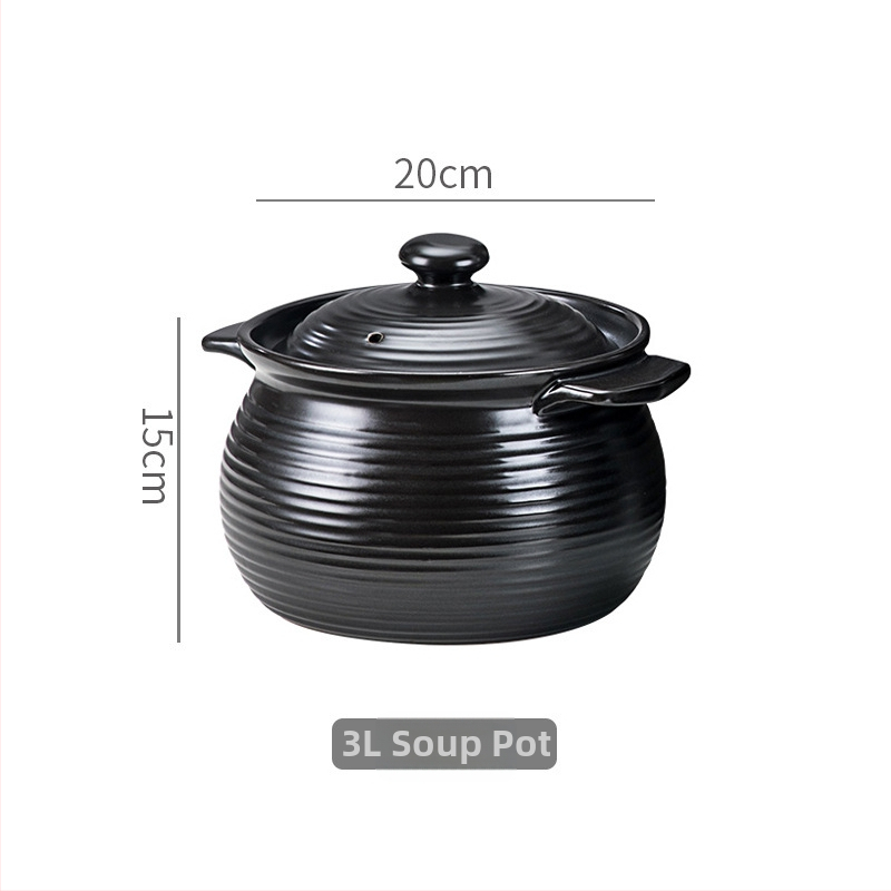 Chaozhou vas de supă cu două mânere și model nervurat, ceramică neagră retro, vas pentru supă și terci, rezistent la flacără deschisă, nu se crapă