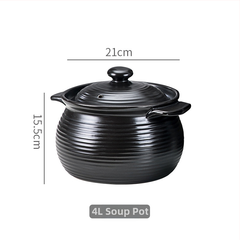 Chaozhou vas de supă cu două mânere și model nervurat, ceramică neagră retro, vas pentru supă și terci, rezistent la flacără deschisă, nu se crapă