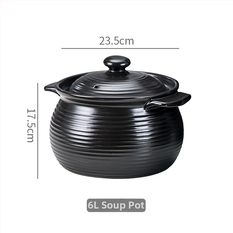 Chaozhou vas de supă cu două mânere și model nervurat, ceramică neagră retro, vas pentru supă și terci, rezistent la flacără deschisă, nu se crapă