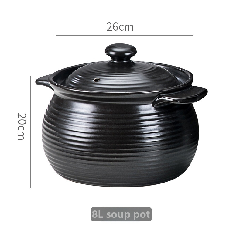 Chaozhou vas de supă cu două mânere și model nervurat, ceramică neagră retro, vas pentru supă și terci, rezistent la flacără deschisă, nu se crapă