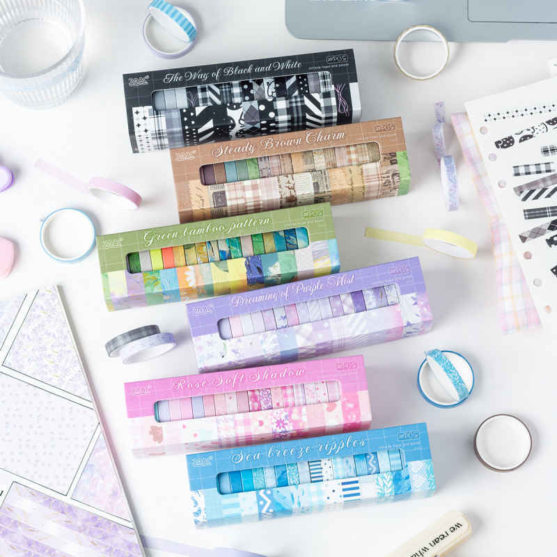 20 role ambalate – Bandă Washi din seria Lumină și Umbra, hârtie japoneză, lățime 7 mm, lungime 2 m, material decorativ pentru scrapbooking
