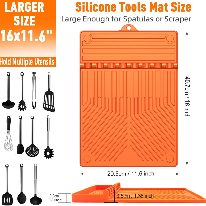 Covor silicon pentru uneltele de grătar cu suport magnetic lateral, finisaj piatră neagră, depozit pentru grilă și raft pentru condimente