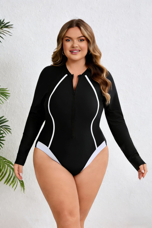 Plus veličine jednodijelni kupaći s zipom za žene, dugi rukav za surfanje, europsko-američki stil, rash guard s kvadratnim krojem, za ronjenje i snorkeling