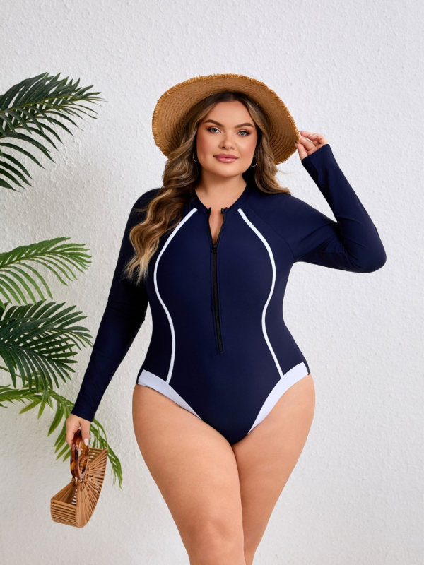 Plus veličine jednodijelni kupaći s zipom za žene, dugi rukav za surfanje, europsko-američki stil, rash guard s kvadratnim krojem, za ronjenje i snorkeling