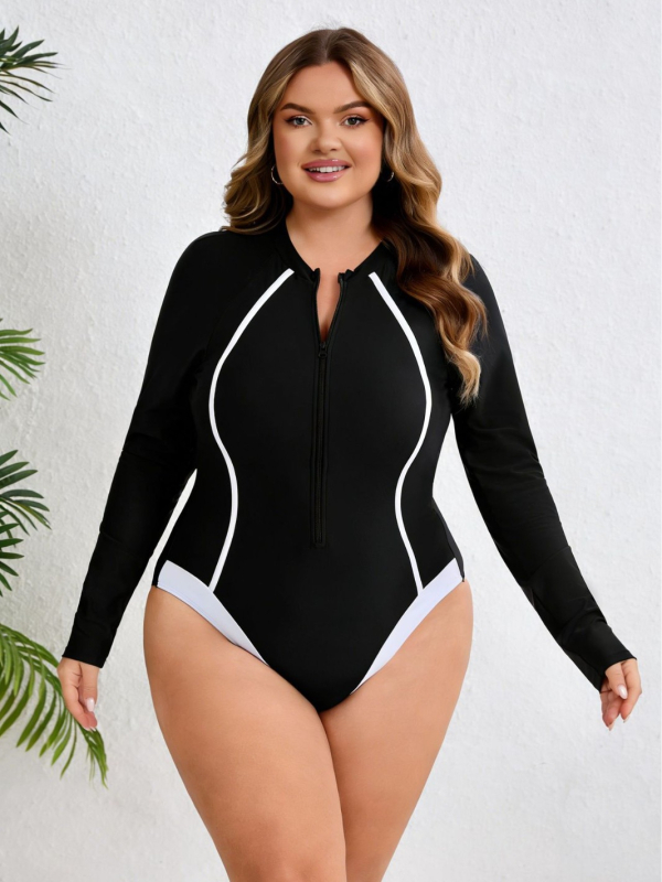 Plus veličine jednodijelni kupaći s zipom za žene, dugi rukav za surfanje, europsko-američki stil, rash guard s kvadratnim krojem, za ronjenje i snorkeling