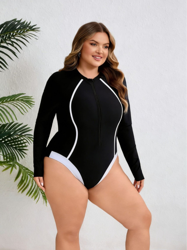 Plus veličine jednodijelni kupaći s zipom za žene, dugi rukav za surfanje, europsko-američki stil, rash guard s kvadratnim krojem, za ronjenje i snorkeling