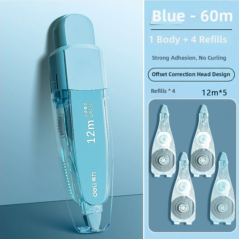 Deli VR130 bandă corectoare tip stilou cu miez înlocuibil, pentru elevi, capacitate mare, lățime miez 5 mm, carcasă verde/albastru/negru