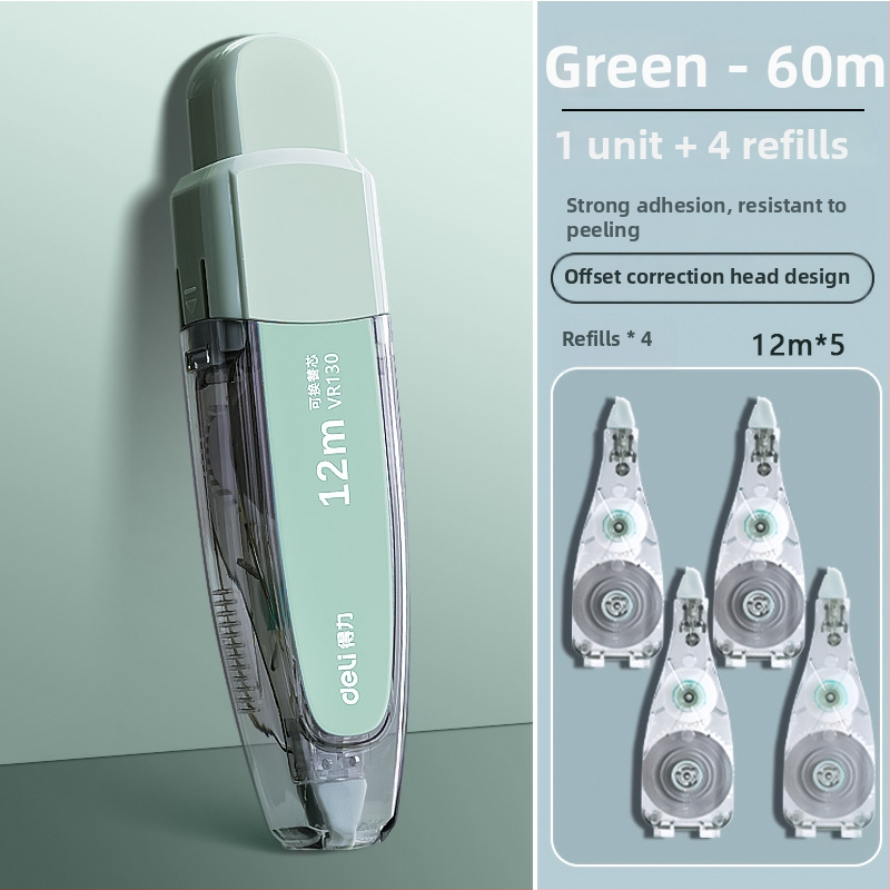 Deli VR130 bandă corectoare tip stilou cu miez înlocuibil, pentru elevi, capacitate mare, lățime miez 5 mm, carcasă verde/albastru/negru