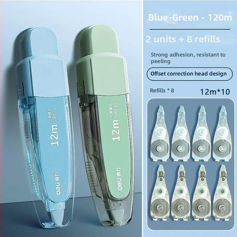 Deli VR130 bandă corectoare tip stilou cu miez înlocuibil, pentru elevi, capacitate mare, lățime miez 5 mm, carcasă verde/albastru/negru
