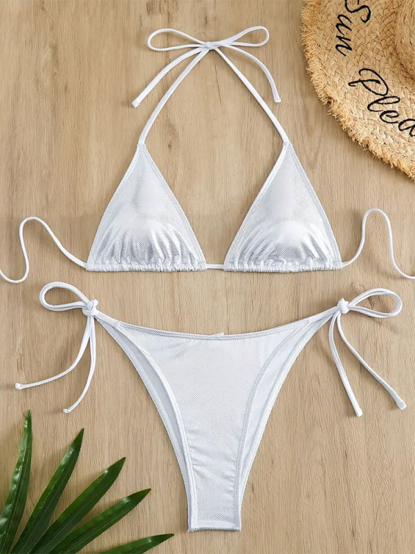 2025 nova bikini s vezicama, trokutasti gornji dio, visok struk, jednofarbni, bikini za plažu