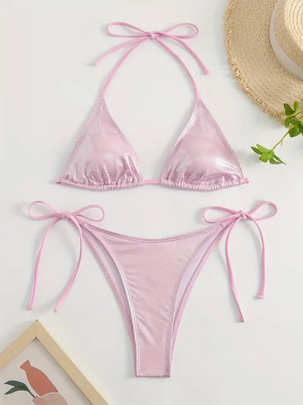 2025 nova bikini s vezicama, trokutasti gornji dio, visok struk, jednofarbni, bikini za plažu
