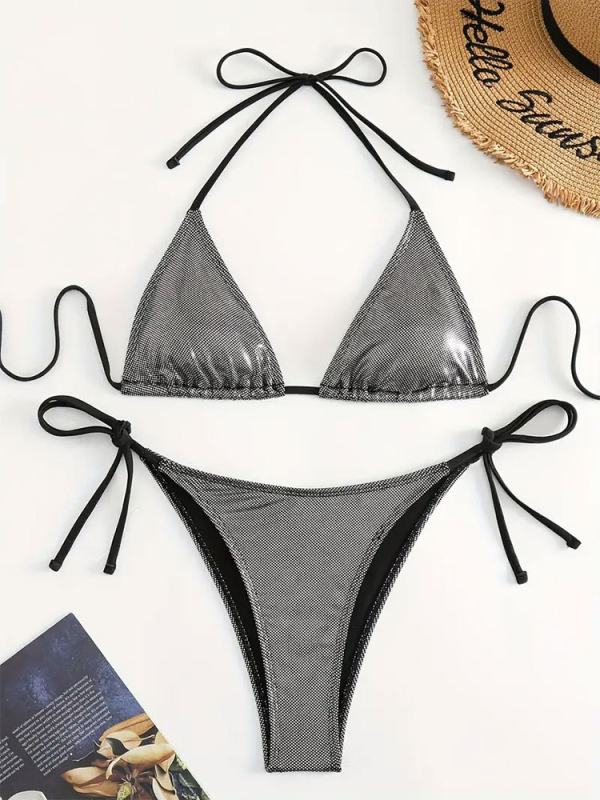 2025 nova bikini s vezicama, trokutasti gornji dio, visok struk, jednofarbni, bikini za plažu