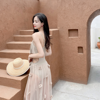 Női egyrészes fürdőruha chiffon fedéssel, elegáns tündér-stílus, Chanel-ihletésű nyaraláshoz