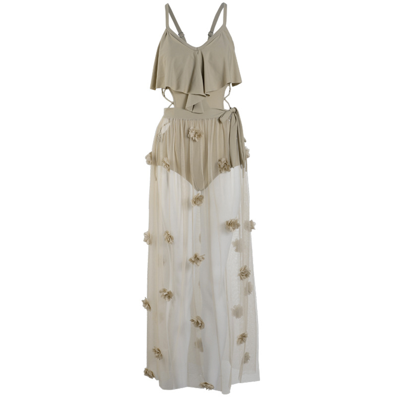 Női egyrészes fürdőruha chiffon fedéssel, elegáns tündér-stílus, Chanel-ihletésű nyaraláshoz