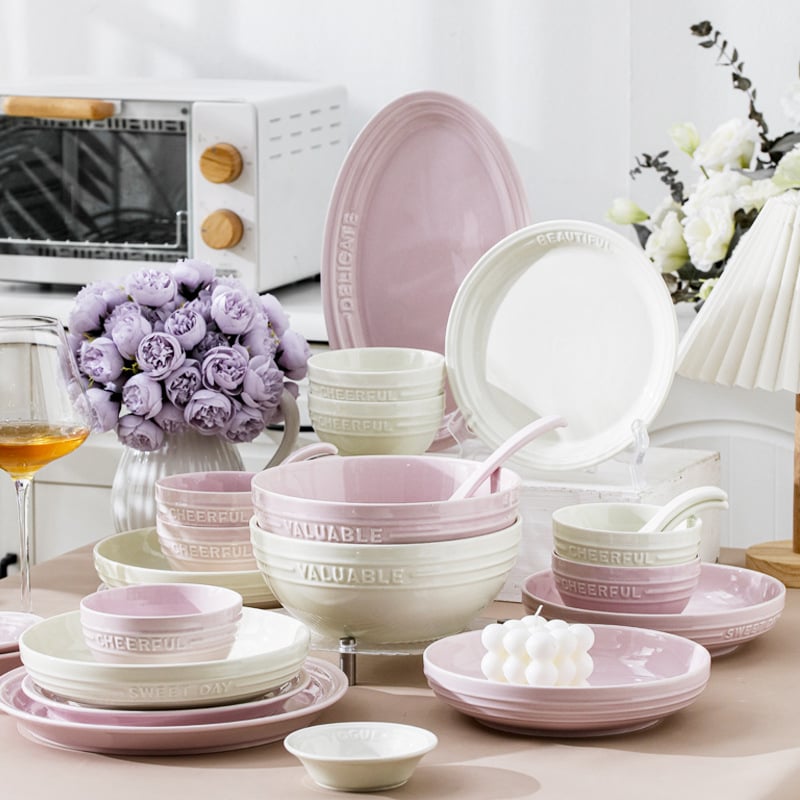 Set de veselă cu relief în stil englezesc – farfurii și boluri de porțelan Night Sakura roz, boluri de orez și supă, 11 piese, stil Nordic