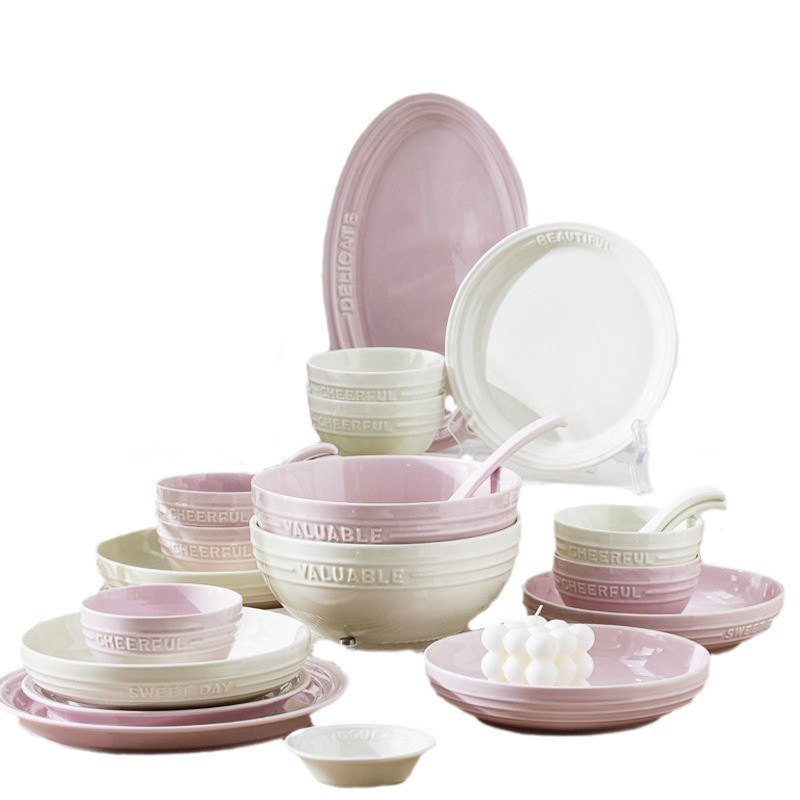 Set de veselă cu relief în stil englezesc – farfurii și boluri de porțelan Night Sakura roz, boluri de orez și supă, 11 piese, stil Nordic