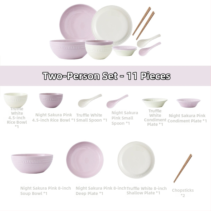 Reliefový anglický set riadu – porcelán Night Sakura ružová, misky na ryžu a polievku, taniere a paličky, 11 dielov, Nordic štýl