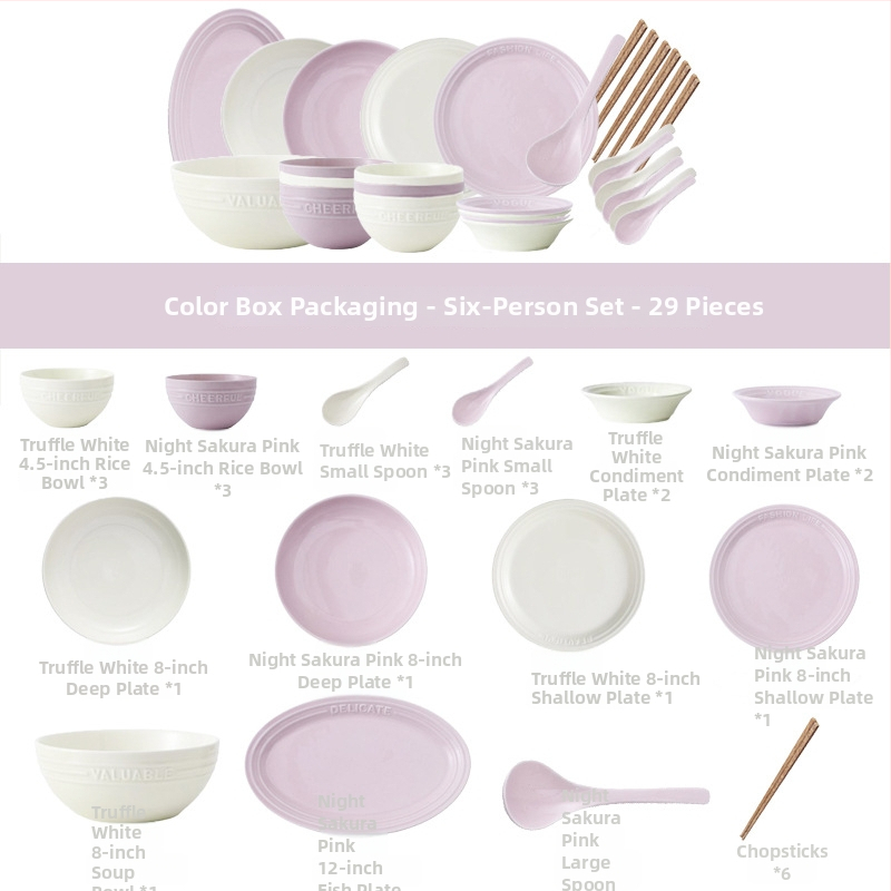 Reliefový anglický set riadu – porcelán Night Sakura ružová, misky na ryžu a polievku, taniere a paličky, 11 dielov, Nordic štýl