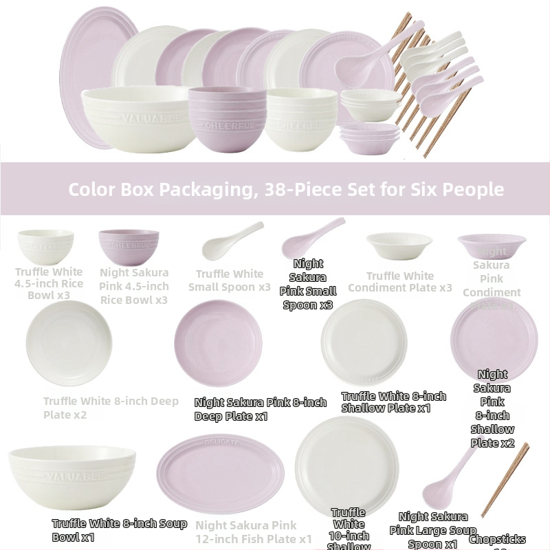 Reliefový anglický set riadu – porcelán Night Sakura ružová, misky na ryžu a polievku, taniere a paličky, 11 dielov, Nordic štýl