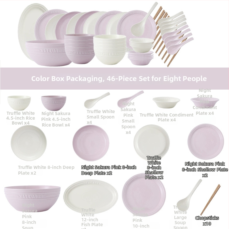 Reliefový anglický set riadu – porcelán Night Sakura ružová, misky na ryžu a polievku, taniere a paličky, 11 dielov, Nordic štýl